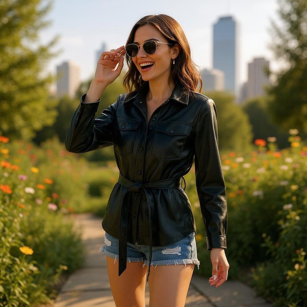 Cleo Women’s Petite Vegan Leather Shirt Jacket